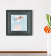 BK Gift Uzay Aracı Tasarımlı Ahşap Çerçeveli Taş Duvar Dekoru-1