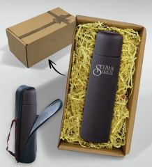 BK Gift Kişiye Özel Hediye Kutulu 5500 Siyah Deri Çantalı Seyahat Termosu 500ml