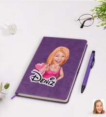 Kişiye Özel Kadın Karikatürlü Mor Termo Deri Defter Kalem Seti Model 49