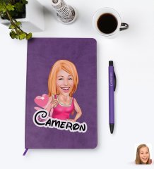 Kişiye Özel Kadın Karikatürlü Mor Termo Deri Defter Kalem Seti Model 49