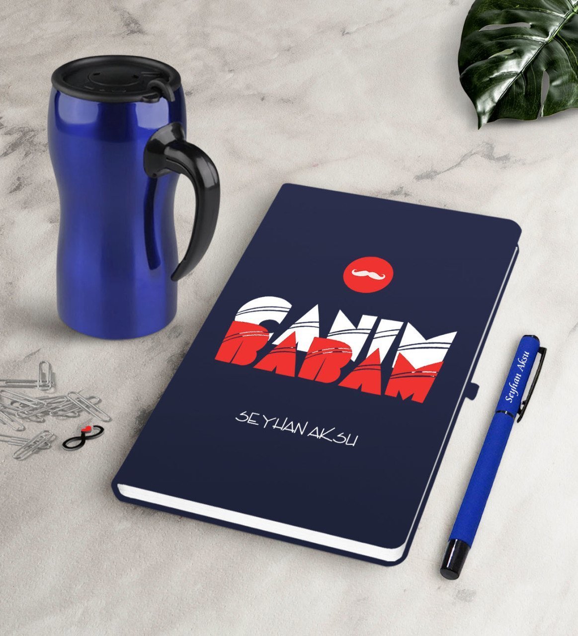 Kişiye Özel Canım Babam Lacivert Defter Kalem Termos Mug Seti-5