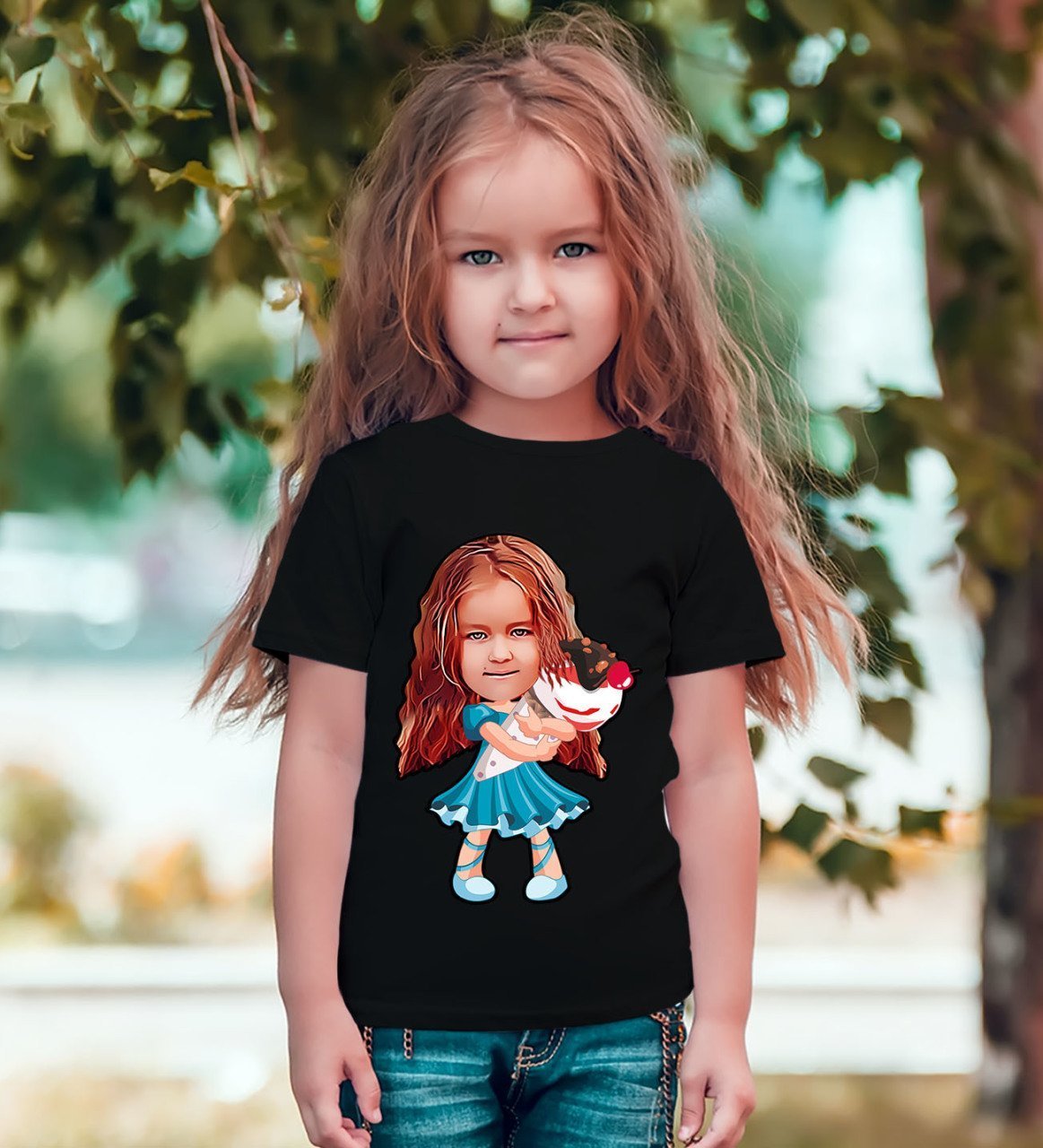 Kişiye Özel Kız Çocuk Karikatürlü Siyah T-Shirt-15