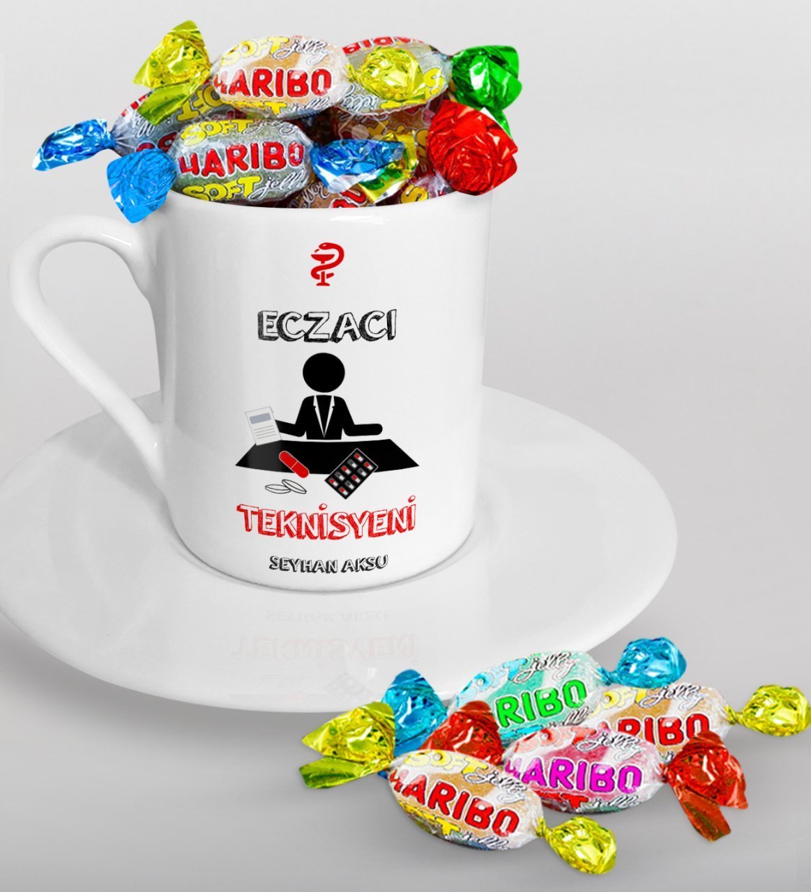 Kişiye Özel Eczacı Teknisyeni Türk Kahvesi Fincanı ve Haribo Şeker Hediye Seti-3