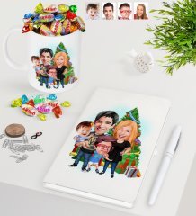 Kişiye Özel Yeni Yıl Aile Karikatürlü Beyaz Defter Kalem Kupa ve Haribo Şeker Hediye Seti-5