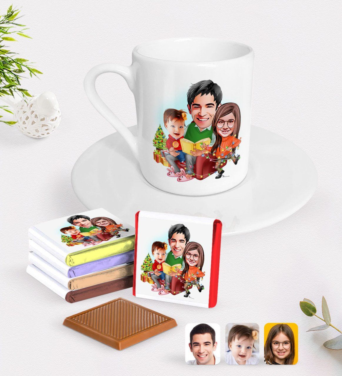 Kişiye Özel Yeni Yıl Aile Karikatürlü Türk Kahvesi Fincanı ve Çikolata Hediye Seti-2