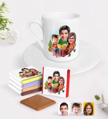 Kişiye Özel Yeni Yıl Aile Karikatürlü Türk Kahvesi Fincanı ve Çikolata Hediye Seti-2
