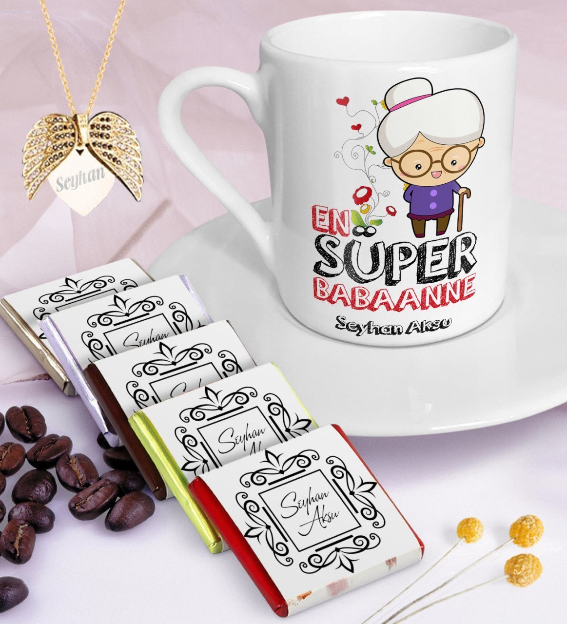 Kişiye Özel Süper Babaanne Kahve Fincanı Çikolata Melek Kanadı Kolye Seti