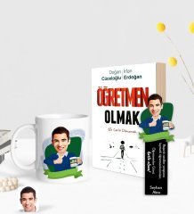 Kişiye Özel Erkek En İyi Öğretmen Karikatürlü Beyaz Kupa Ahşap Kitap Ayracı ve Öğretmen Olmak Kitabı Hediye Seti-1