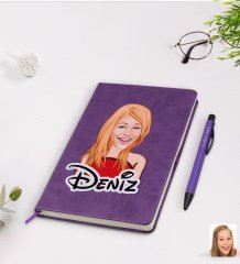 Kişiye Özel Kadın Karikatürlü Mor Termo Deri Defter Kalem Seti Model 33