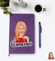 Kişiye Özel Kadın Karikatürlü Mor Termo Deri Defter Kalem Seti Model 33