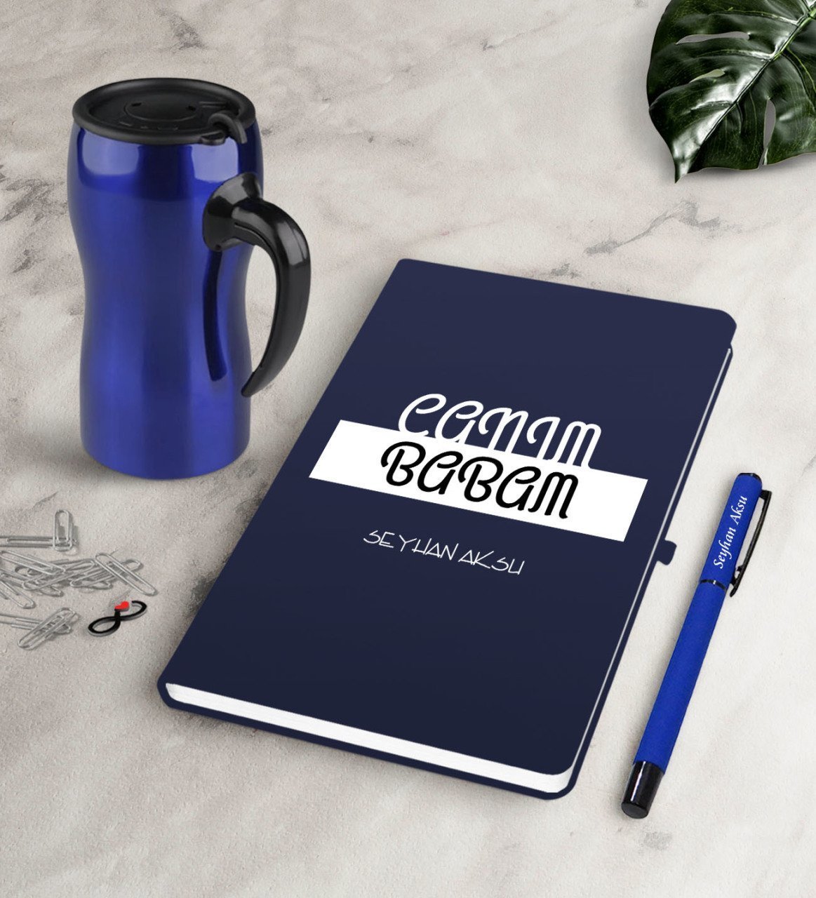 Kişiye Özel Canım Babam Lacivert Defter Kalem Termos Mug Seti-4