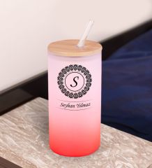 BK Gift İsimli Kırmızı Renk Pipetli Buzlu Cam Bardak 600ml - 2, Arkadaşa Hediye, Doğum Günü Hediyesi