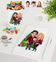 Kişiye Özel Yeni Yıl Aile Karikatürlü Beyaz Defter Kalem Kupa ve Haribo Şeker Hediye Seti-4