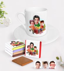 Kişiye Özel Yeni Yıl Aile Karikatürlü Türk Kahvesi Fincanı ve Çikolata Hediye Seti-1