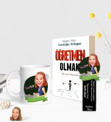 Kişiye Özel Kadın En İyi Öğretmen Karikatürlü Beyaz Kupa Ahşap Kitap Ayracı ve Öğretmen Olmak Kitabı Hediye Seti-1