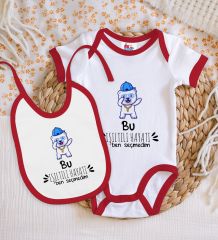 BK Kids Bu Işıltılı Hayatı Ben Seçmedim Tasarımlı Kırmızı Bebek Body Zıbın ve Mama Önlüğü Hediye Seti-1