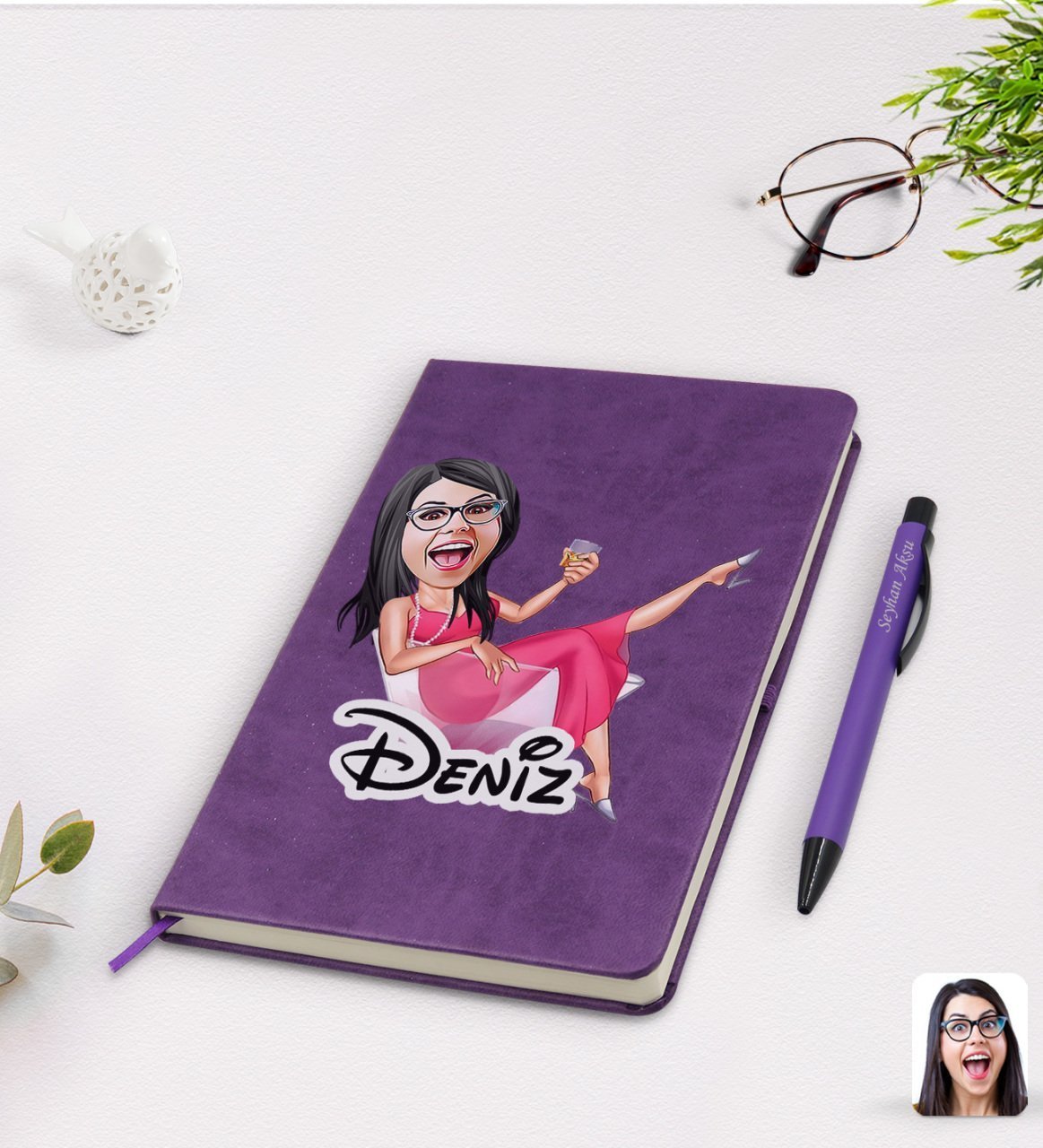 Kişiye Özel Kadın Patroniçe Karikatürlü Mor Termo Deri Defter Kalem Seti Model 1