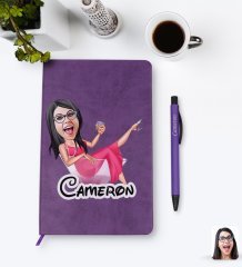 Kişiye Özel Kadın Patroniçe Karikatürlü Mor Termo Deri Defter Kalem Seti Model 1