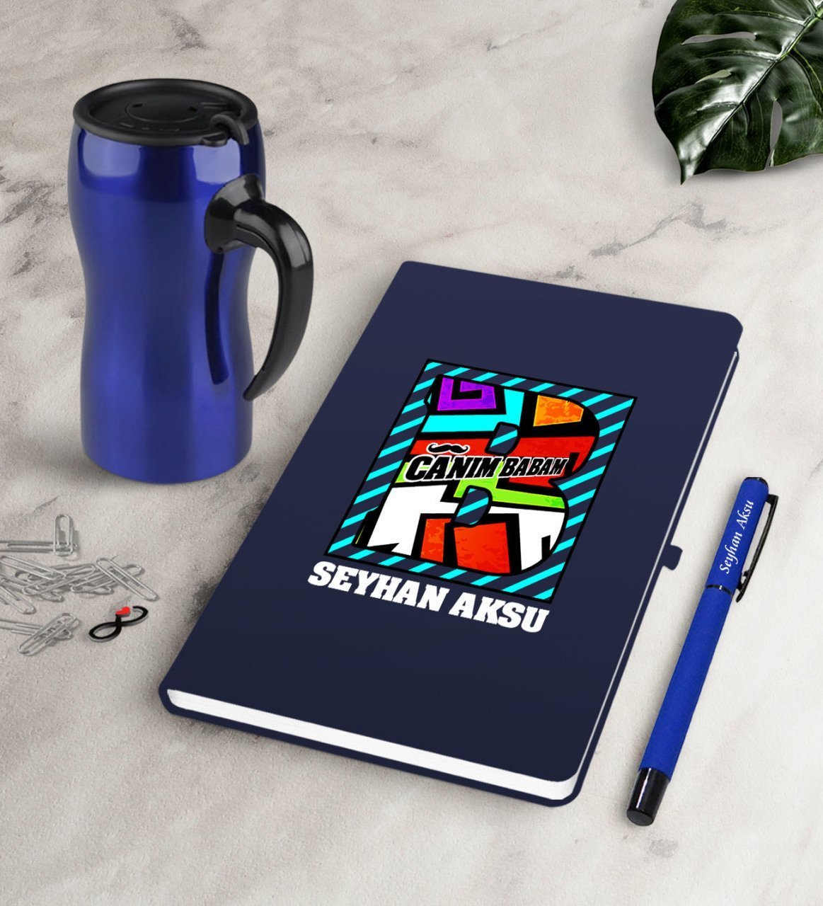 Kişiye Özel Canım Babam Lacivert Defter Kalem Termos Mug Seti-3