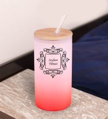 BK Gift İsimli Kırmızı Renk Pipetli Buzlu Cam Bardak 600ml - 1, Arkadaşa Hediye, Doğum Günü Hediyesi