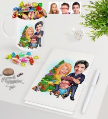 Kişiye Özel Yeni Yıl Aile Karikatürlü Beyaz Defter Kalem Kupa ve Haribo Şeker Hediye Seti-3