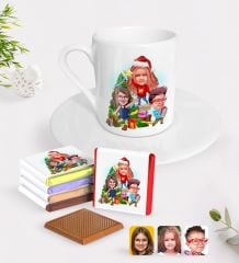 Kişiye Özel Yeni Yıl 3 Kardeş Karikatürlü Türk Kahvesi Fincanı ve Çikolata Hediye Seti-1