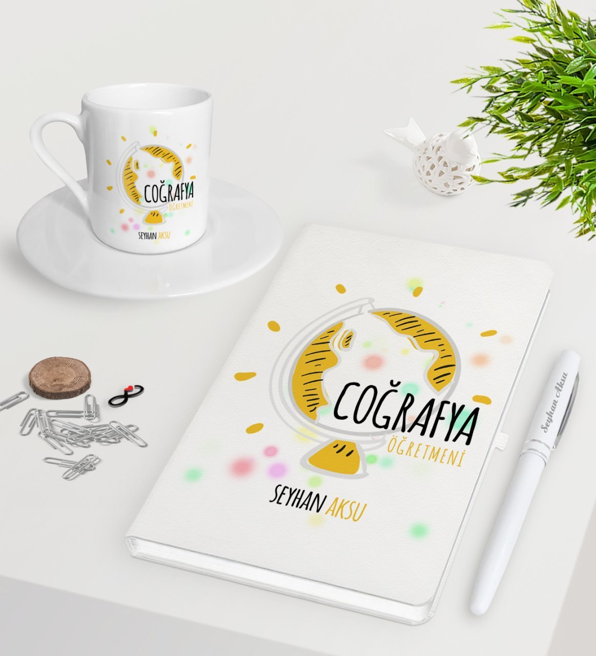 Kişiye Özel Coğrafya Öğretmeni Beyaz Defter Kalem Türk Kahvesi Fincanı Seti-3