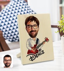 Kişiye Özel İsimli Erkek Gitarist Karikatürlü Dekoratif Ahşap Çerçeve Model 2