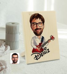 Kişiye Özel İsimli Erkek Gitarist Karikatürlü Dekoratif Ahşap Çerçeve Model 2