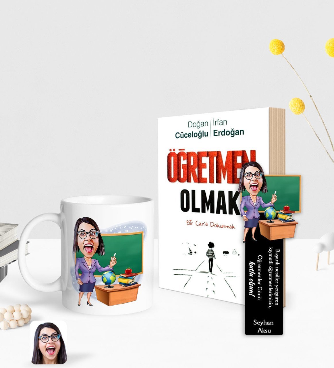 Kişiye Özel Kadın Öğretmen Karikatürlü Beyaz Kupa Ahşap Kitap Ayracı ve Öğretmen Olmak Kitabı Hediye Seti-1