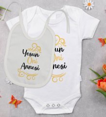 BK Kids Yesun Oni Annesi Tasarımlı Bebek Body Zıbın ve Mama Önlüğü Hediye Seti - Model 1