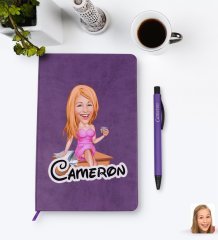 Kişiye Özel Kadın Patron Karikatürlü Mor Termo Deri Defter Kalem Seti Model 7