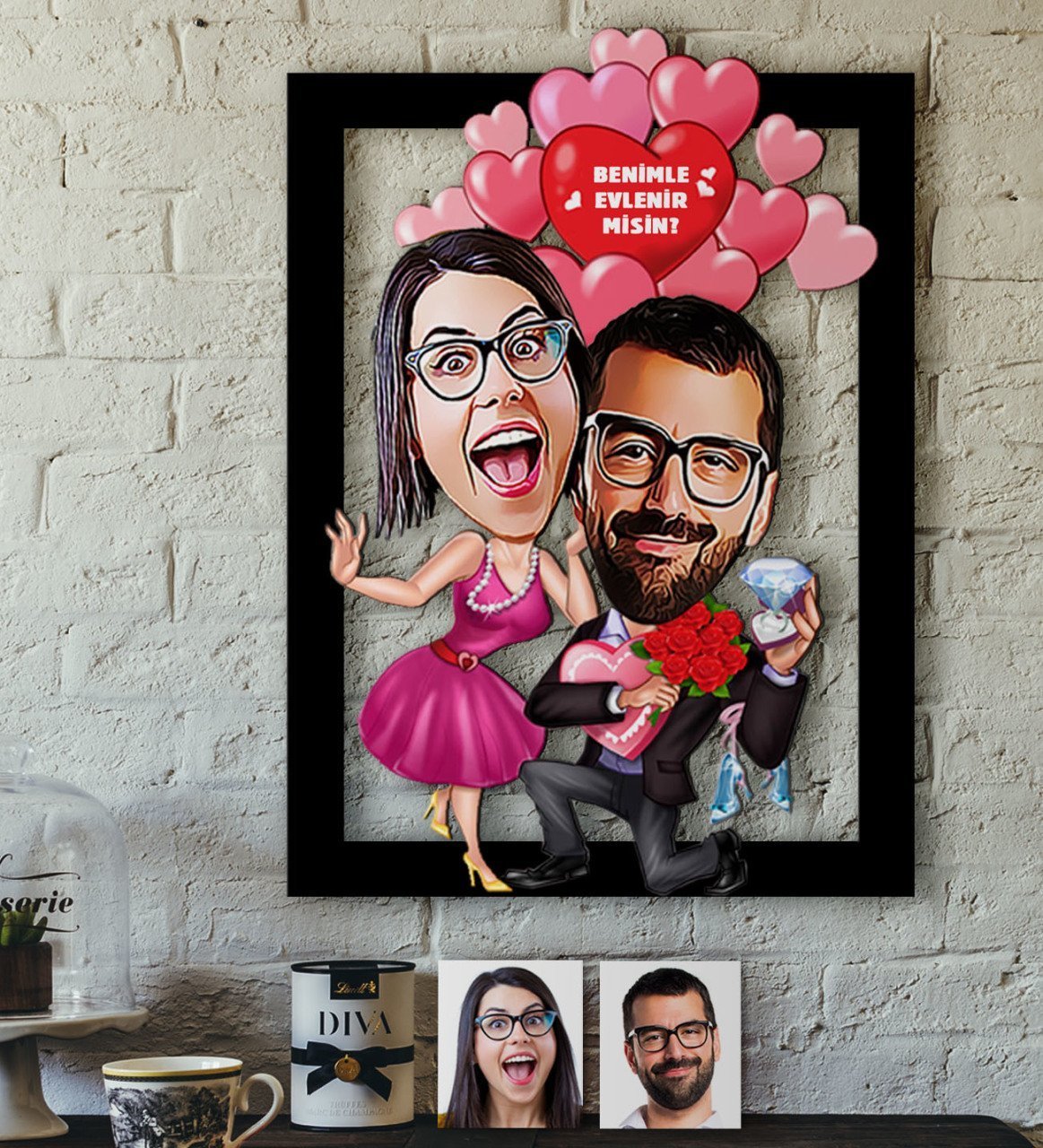 Kişiye Özel Evlilik Teklifi Karikatürlü 3D Ahşap Tablo-2