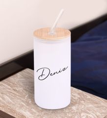 BK Gift İsimli Beyaz Renk Pipetli Buzlu Cam Bardak 600ml - 8, Arkadaşa Hediye, Doğum Günü Hediyesi