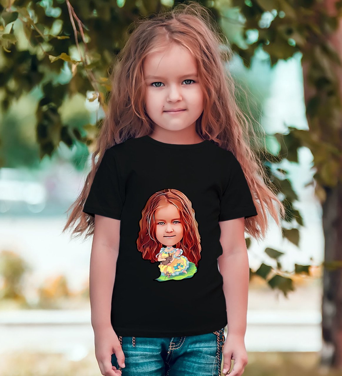 Kişiye Özel Kız Çocuk Karikatürlü Siyah T-Shirt-12