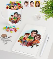 Kişiye Özel Yeni Yıl Aile Karikatürlü Beyaz Defter Kalem Kupa ve Haribo Şeker Hediye Seti-2