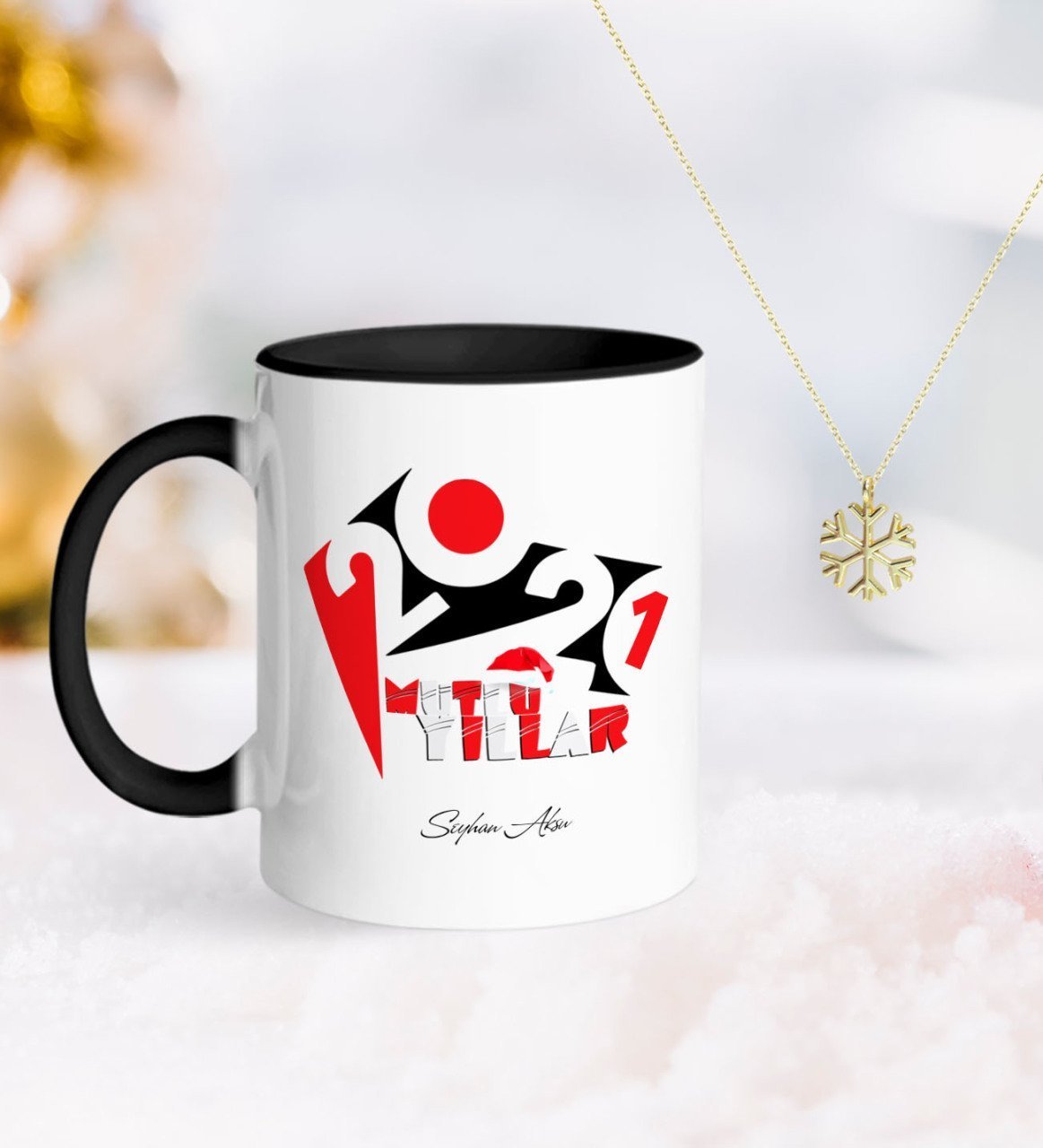 BK Gift Kişiye Özel 2023 Mutlu Yıllar Siyah Kupa ve Kar Tanesi Kolye-13