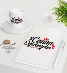 Kişiye Özel Canım Öğretmenim Beyaz Defter Kalem Türk Kahvesi Fincanı Seti-11