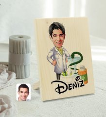 Kişiye Özel İsimli Erkek Eczacı Karikatürlü Dekoratif Ahşap Çerçeve Model 2