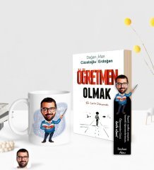 Kişiye Özel Erkek Öğretmen Karikatürlü Beyaz Kupa Ahşap Kitap Ayracı ve Öğretmen Olmak Kitabı Hediye Seti-2