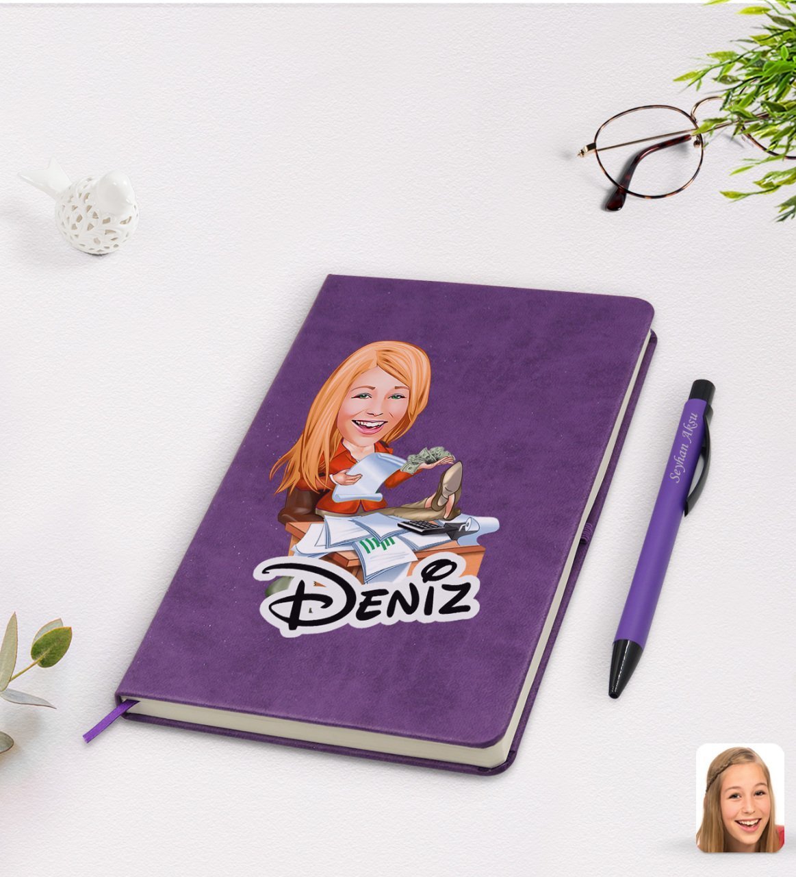 Kişiye Özel Kadın Patron Karikatürlü Mor Termo Deri Defter Kalem Seti Model 6