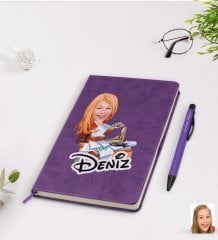 Kişiye Özel Kadın Patron Karikatürlü Mor Termo Deri Defter Kalem Seti Model 6