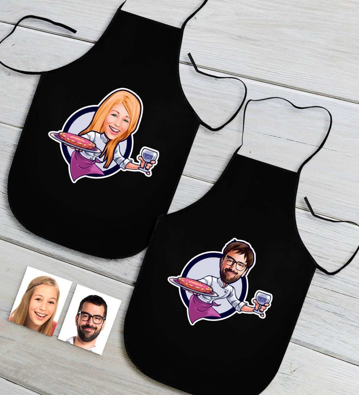 Kişiye Özel İkili Bay ve Bayan Chef Karikatürlü Siyah Mutfak Önlüğü Seti-13
