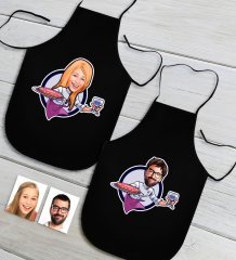 Kişiye Özel İkili Bay ve Bayan Chef Karikatürlü Siyah Mutfak Önlüğü Seti-13