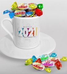 BK Gift Kişiye Özel 2023 Mutlu Yıllar Türk Kahvesi Fincanı ve Haribo Şeker Hediye Seti-5