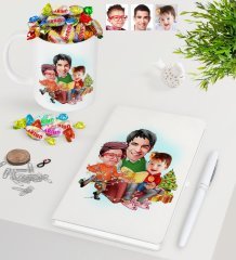 Kişiye Özel Yeni Yıl Aile Karikatürlü Beyaz Defter Kalem Kupa ve Haribo Şeker Hediye Seti-1