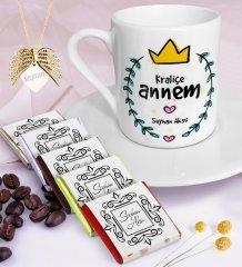 Kişiye Özel Kraliçe Annem Kahve Fincanı Çikolata Melek Kanadı Kolye Seti