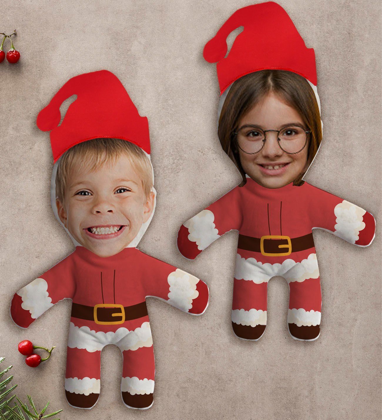 BK Gift Kişiye Özel Fotoğraflı Yılbaşı Kostümlü Çocuklar 2’li Bebek Yastık Seti -2
