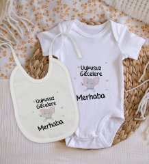 BK Kids Uykusuz Gecelere Merhaba Tasarımlı Bebek Body Zıbın ve Mama Önlüğü Hediye Seti - Model 1