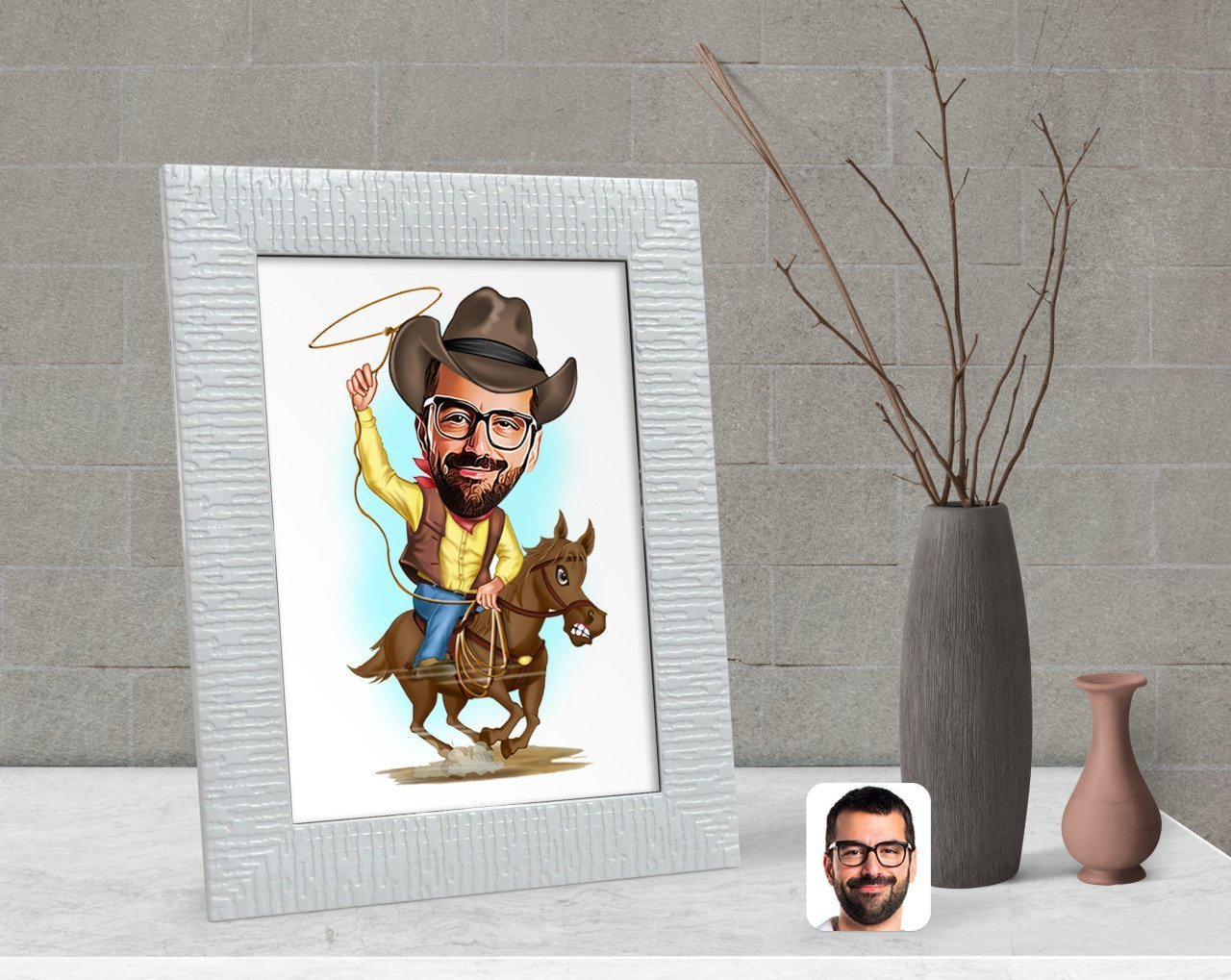 Kişiye Özel Kovboy Karikatürlü Dekoratif Çerçeve-2